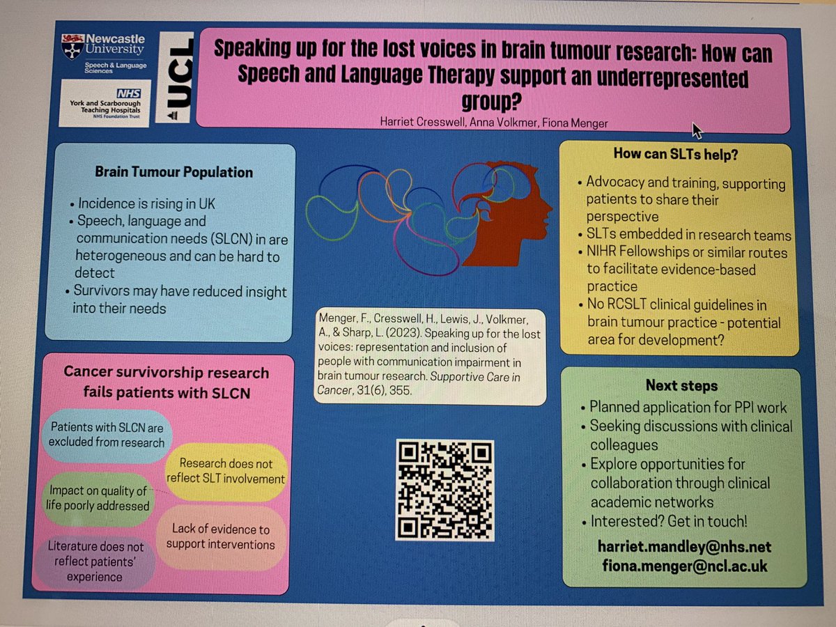 Excited to be sharing our #poster on brain tumour research at #RCSLTConf2023 @slt_fi @volkmer_anna 

It would be great to hear your thoughts!