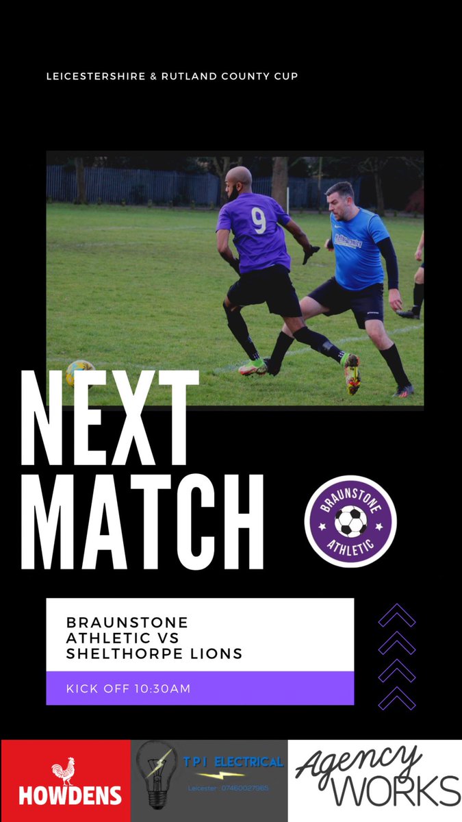 🟣⚫️ NEXT UP 🟣⚫️

This Sunday we host Charnwood League side Shelthorpe Lions in the county cup. Come support the lads as we look to progress to the next round. 

🆚 <a href="/ShelthorpeL/">Shelthorpe FC</a> 
🏆 Leicester &amp; Rutland County Cup.
📅 05/11/2023.
⏰ 10:30.
📌 Mossdale Meadows, Kingsway, LE3 2TW.