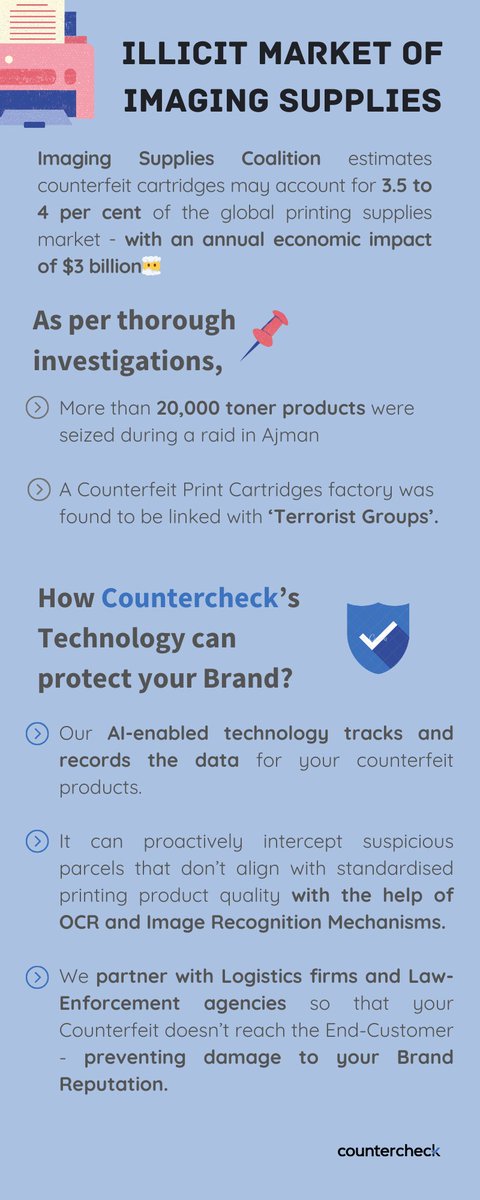 🖨️Printing Supplies are at Risk of Damage by Counterfeits, and we are here to protect your Brand before counterfeits arrive at your customer's door!

#printing #imagingtechnology #technology #brandprotection #intellectualproperty #printercartridges #printer