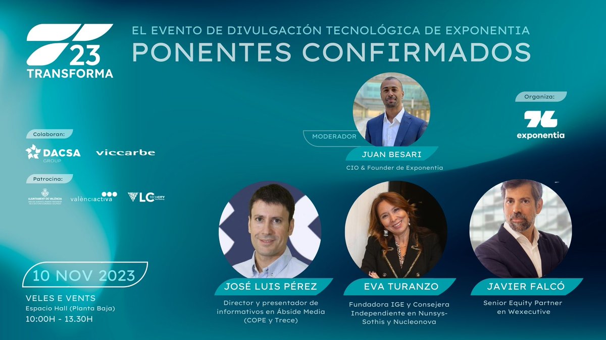 En el #Transforma23 también hablaremos de ética y liderazgo en la era digital. 

Con José Luis Pérez, Director y presentador de informativos (COPE y TRECE), Eva Turanzo, Fundadora del IGE y Consejera Independiente; y Javier Falcó, Senior Equity Partner en Wexecutive.