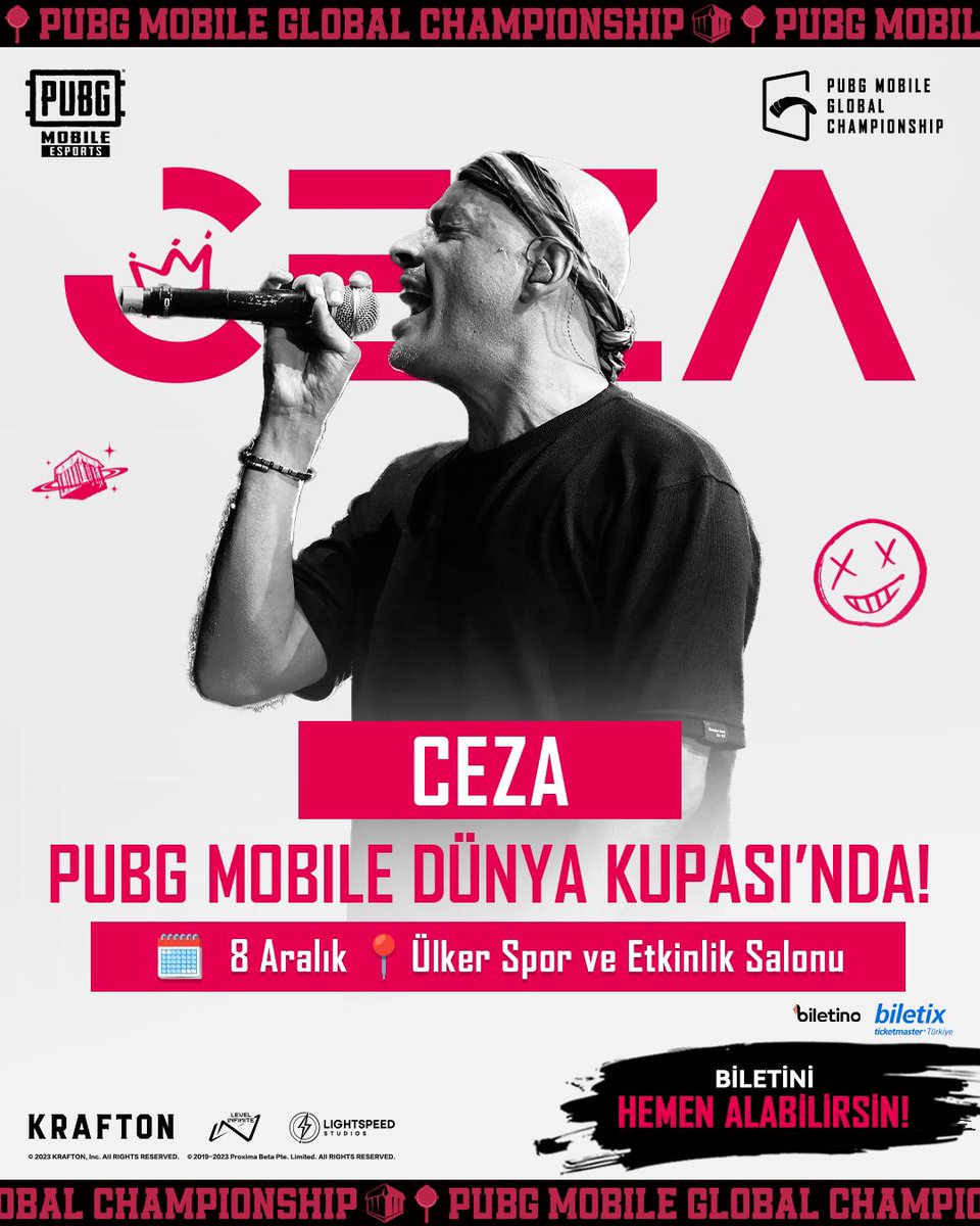 RAP'İN EFSANESİ, CEZA GELİYOR! 🎶 Ceza, 2023 PMGC Büyük Finalleri'nde Ülker Spor ve Etkinlik Salonu'nda bizlerle olacak! 👊 PUBG MOBILE Dünya Kupası bileti almak için acele edin, Ceza ile birlikte tadını çıkarın! 😉 #PUBGMOBILE #2023PMGC