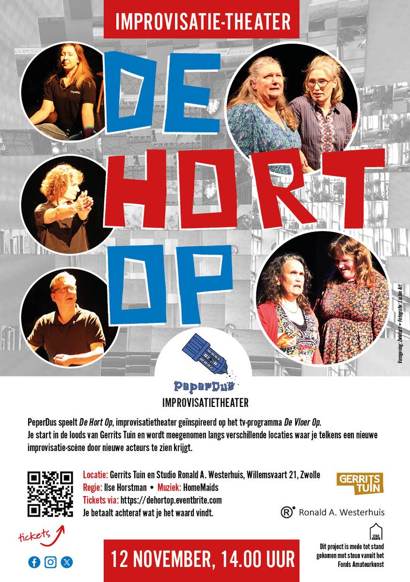 PeperDusZwolle's tweet photo. Zondagmiddag 12 november 14.00 uur speelt PeperDus  De Hort Op, geïnspireerd op het Human tv-programma
@DeVloerOp
. Op meerdere locaties bij #GerritsTuin en #StudioRAW in #Zwolle. Onder begeleiding van
@IlseHorstman
Bestel nu tickets: https://t.co/queA6L0q6H https://t.co/0ud9Srffid