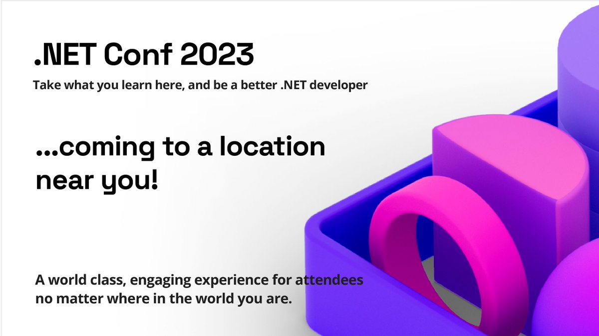 Learn about .NET 8, Blazor, Cloud Native, #dotNETMAUI, and more at .NET Conf 2023 Northern Prairies Billings on November 14 in Billings, MT! msft.it/601494JUg

Discover #dotNETConf local events happening around the world at msft.it/601594JU9 #community