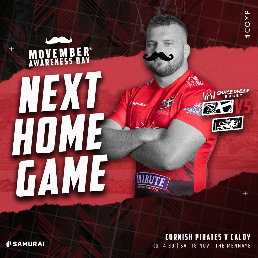 𝐍𝐞𝐱𝐭 𝐇𝐨𝐦𝐞 𝐆𝐚𝐦𝐞 🏡

Back home again in our next @champrugby fixture, when we welcome <a href="/CaldyRFC/">Caldy RFC</a> for <a href="/MovemberUK/">Movember UK</a> awareness day!

🎟️ Tickets ⬇️ 
cornish-pirates.com/tickets

👨🏻 Donate ⬇️ 
uk.movember.com/team/2429286

#COYP