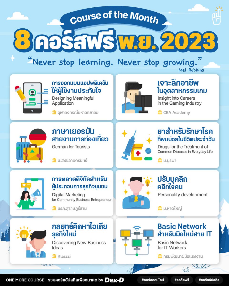 tornokandcourse's tweet photo. ✨ มาแล้ว! One More Course ได้คัด 8 คอร์สออนไลน์ #เรียนฟรี ประจำเดือนพฤศจิกายนมาฝากให้ทุกคนไป upskill &amp; reskill เตรียมพร้อมสำหรับปีหน้ากัน จะมีคอร์สไหนน่าสนใจบ้าง ตามไปเลือกเรียนกันเลย! 👇 #คอร์สดีบอกต่อ https://t.co/9E0kdVHxal