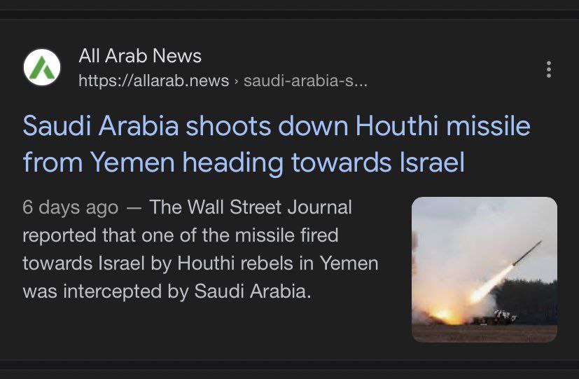 mynewshub's tweet photo. Maka hilanglah negara yang disanjung dunia Islam selama ini.......menjadi la ia hamba Yahood dan AS sepenuhnya...
--------------------------------------

Kepimpinan Houthi di Yaman melancarkan roket ke arah Israel namun roket itu dipintas dan diletupkan oleh Arab Saudi. 

Perdamaian dengan Israel samalah seperti redha dengan perampasan tanah dan pembantaian umat Islam Palestin selama hampir 80 tahun.

Sumber : (X) Yazid Hamka