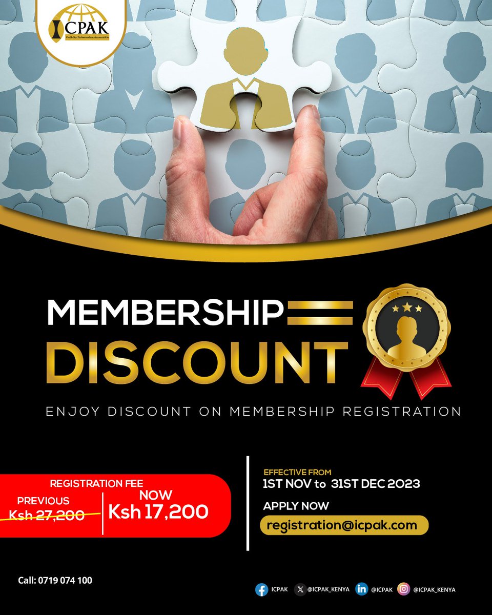 CPA is not just a designation but a mark of quality!👌 
Take advantage of the #ICPAK membership registration discount and become a CPA today.  Visit icpak.com/membership-cat… now! #CPARegistration #CPA #MembershipDiscount ^VA