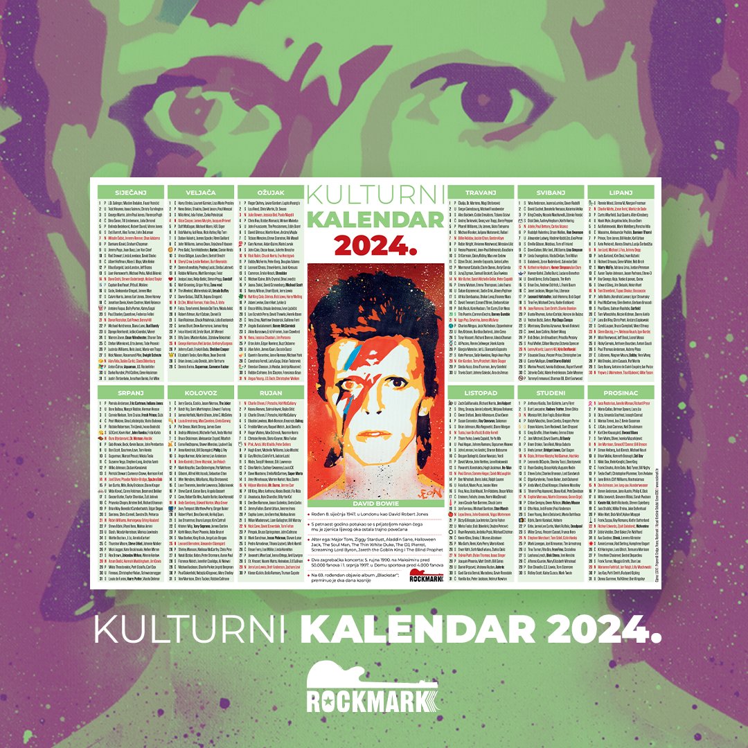 Stigao je Kulturni kalendar za 2024. 
Bowie art <a href="/GolubicKresimir/">Kresimir Golubić LEON GSK</a> 
rockmark.hr/trgovina/kultu…