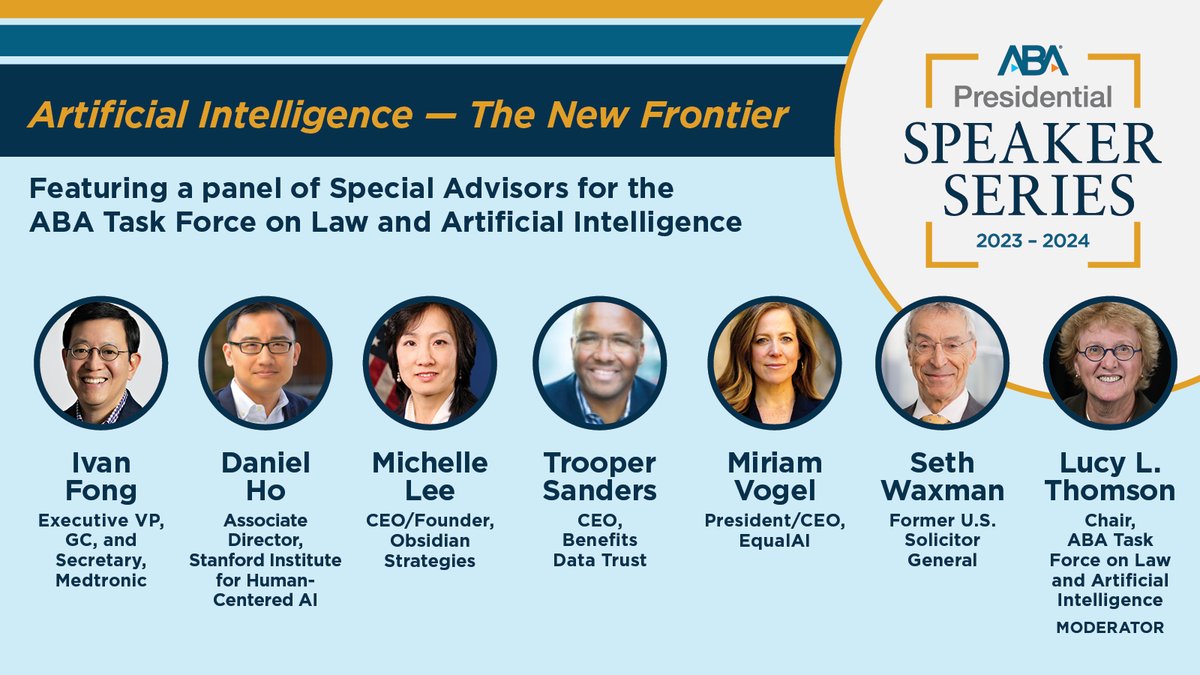 Curious about the legal implications of AI? Join the <a href="/ABAEsq/">American Bar Association</a> on Nov. 9, 3 pm ET for #ABAPresidentialSpeakerSeries panel, A.I. – The New Frontier, on the intersection of law and AI, w/#AITaskForce luminaries Michelle Lee, <a href="/VogelMiriam/">Miriam Vogel</a> &amp; more. 

tinyurl.com/ynweaa97