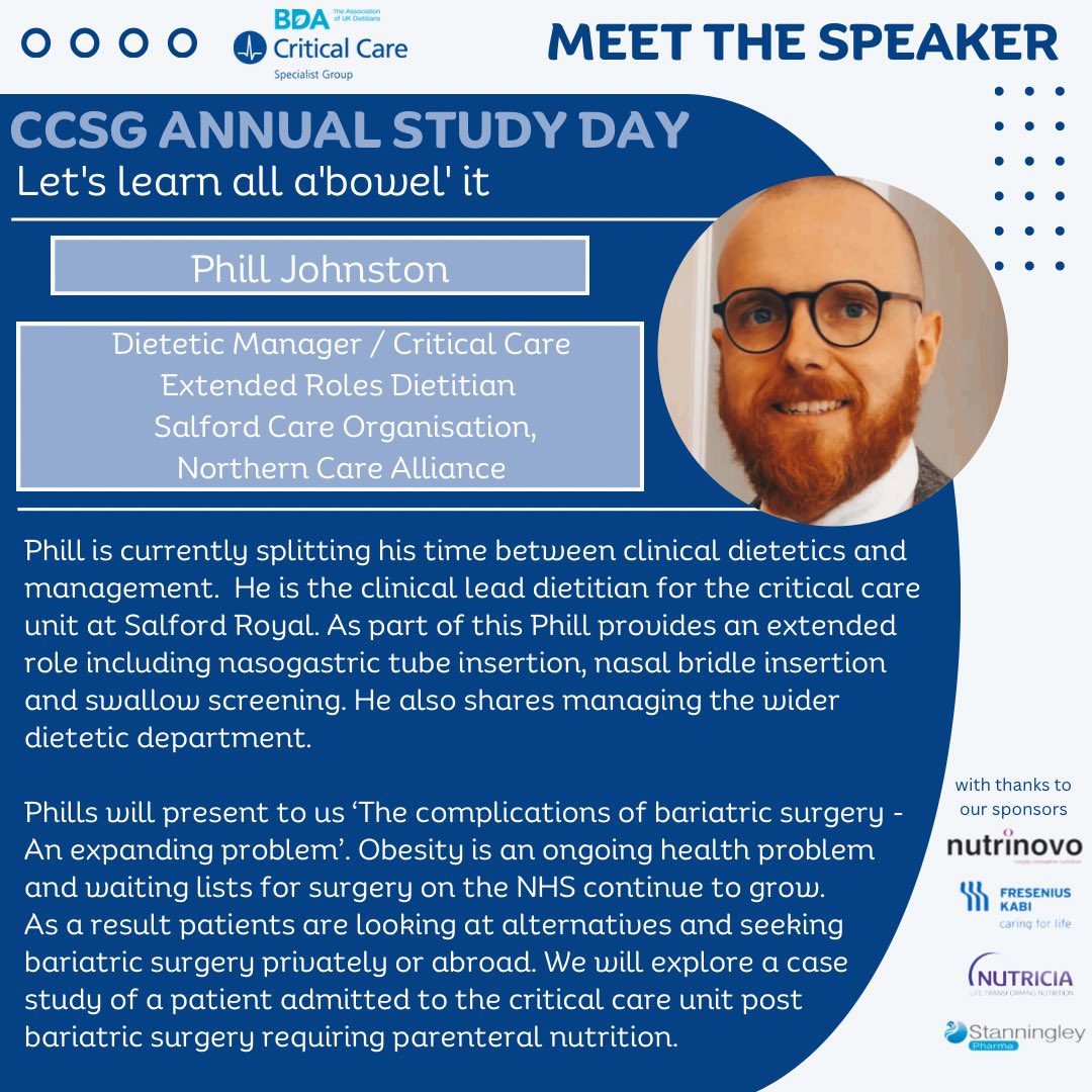 Critical Care Specialist Group of @BDA_Dietitians (@bdacriticalcare) on Twitter photo Kicking things off for todays ‘Meet the Speaker’ posts is our very own CCSG committee member <a href="/PhillJohnstonRD/">Phill Johnston</a> 🤩
Phills fave meal is calamari, followed by steak and chips with blue cheese sauce and crème brûlée for dessert 😋
Link in bio to book ticket! 😊
#BDACCSG Kicking things off for todays ‘Meet the Speaker’ posts is our very own CCSG committee member <a href="/PhillJohnstonRD/">Phill Johnston</a> 🤩
Phills fave meal is calamari, followed by steak and chips with blue cheese sauce and crème brûlée for dessert 😋
Link in bio to book ticket! 😊
#BDACCSG