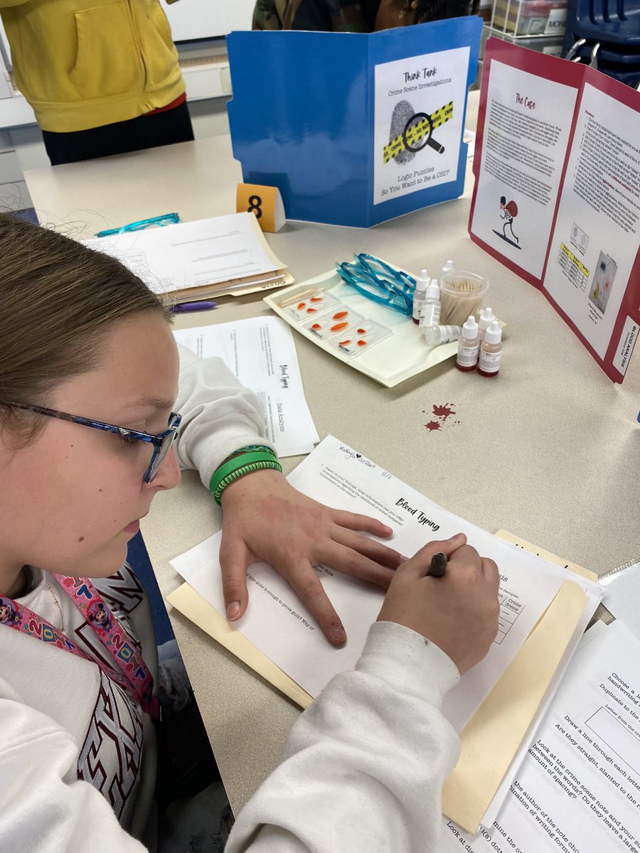 CHDerrington's tweet photo. Cracking the case in #NHEThinkTank. Although the crimes were fake, the learning and fun were real! Ss analyzed blood, handwriting, fingerprints, lip prints, and used other investigative tools to identify culprits. @nheptafalcons #RISDWeAreOne @nherisd #RISDBelieves https://t.co/4i5Gez057p