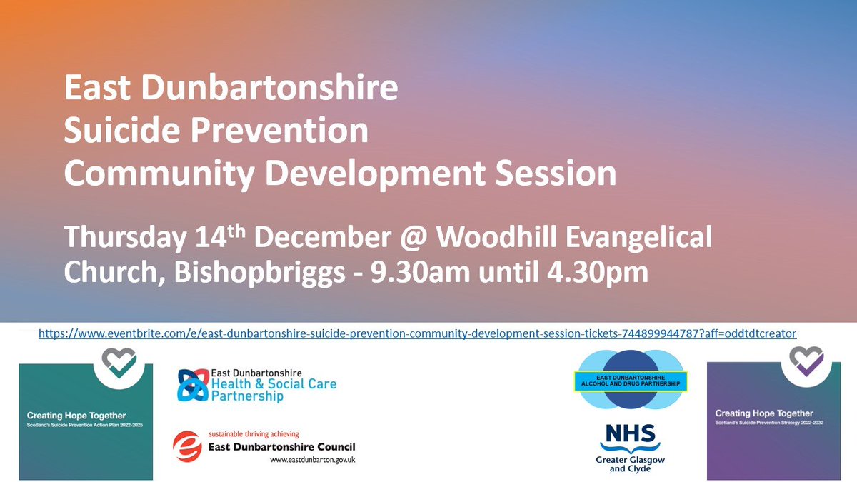Come along and help shape the @EastDunHSCP #SuicidePrevention Action Plan. 🗓️Thursday 14th December - 9.30am to 4.30pm ⛪️Woodhill Evangelical Church, Bishopbriggs, G64 2NH Please book here: eventbrite.com/e/744899944787…