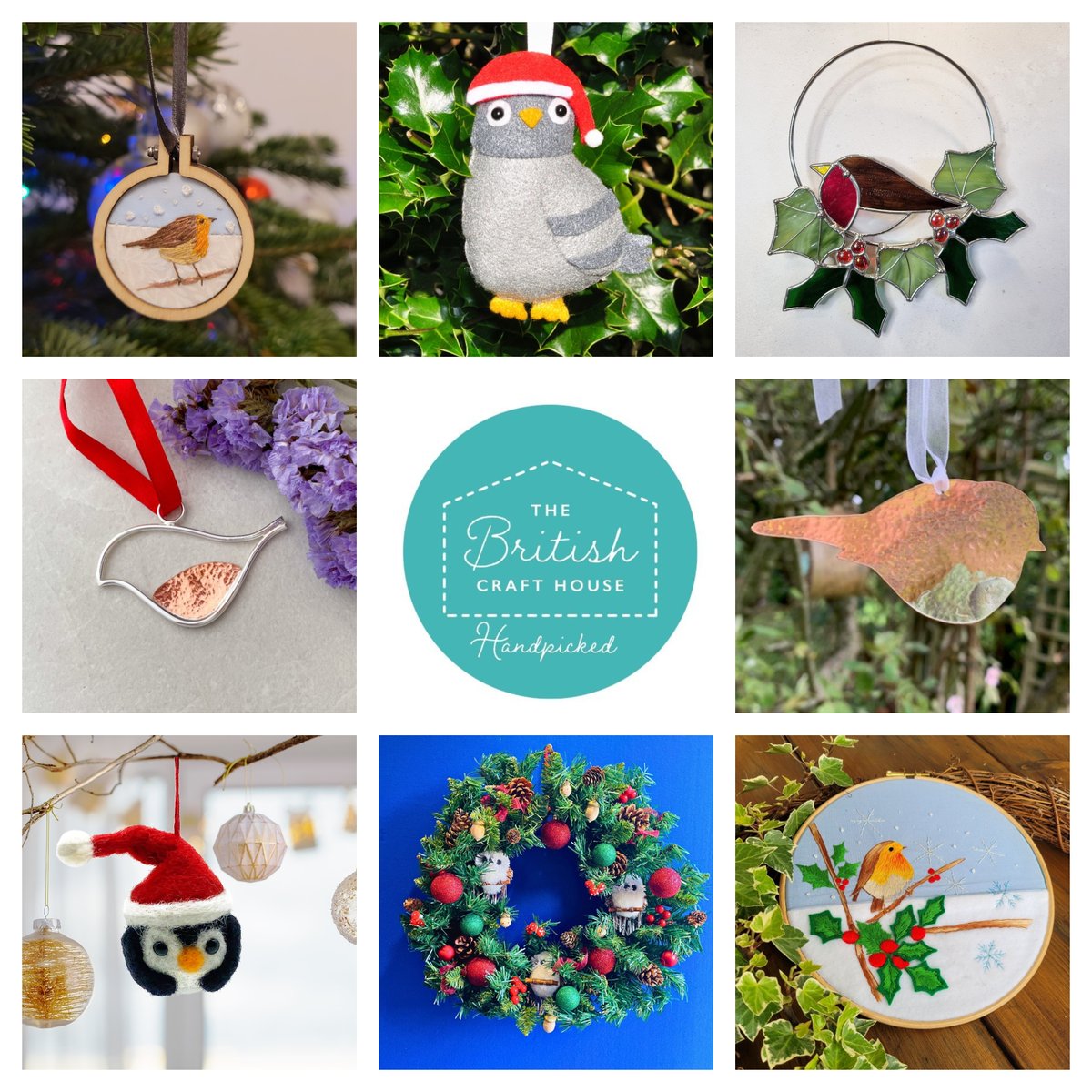 I thought you might like to see some festive decorations created by some of my fellow sellers <a href="/BritishCrafting/">BritishCraftHouse</a> ! This Christmas birds collage features the work of seven different sellers. <a href="/lucindasart77/">Lucinda's art</a> <a href="/laura_llew_des/">Laura Llewellyn Design</a> <a href="/artbyLoriW/">Art By Lori Creations</a> <a href="/debilou01/">debi</a> <a href="/MillermanGlass/">MillermanGlass</a>  #tbch #handmade