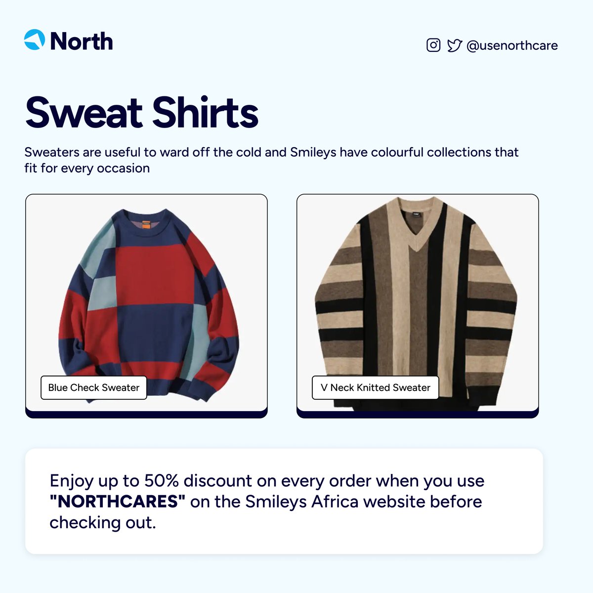 CareForms (Formerly North) (@usecareforms) on Twitter photo You can protect yourself from dust and flu-like symptoms this harmattan season by wearing sweat shirts, socks, beanies and actives from <a href="/smileysocksco_/">Smileys.Africa</a>.
Use NORTHCARES during checkout to get up to 50% discount on your orders. You can protect yourself from dust and flu-like symptoms this harmattan season by wearing sweat shirts, socks, beanies and actives from <a href="/smileysocksco_/">Smileys.Africa</a>.
Use NORTHCARES during checkout to get up to 50% discount on your orders.