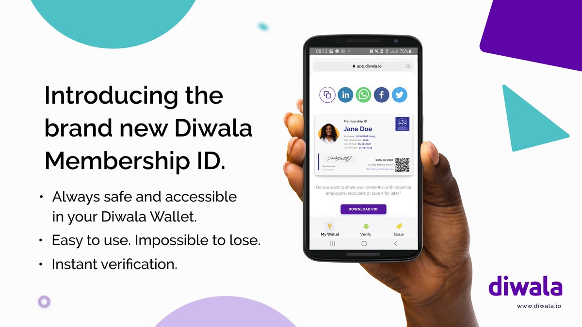 Tired of worrying about individuals faking your membership IDs?🤔 Let´s introduce you to <a href="/Diwala/">Diwala 🔶</a>´s brand new membership ID #credential 🎉
Developed in collaboration with <a href="/ug_lawsociety/">Uganda Law Society</a>

✅ Instant verification
🛡 Always safe
👌 Easy to use
❇️ Impossible to lose

👉hello@diwala.io