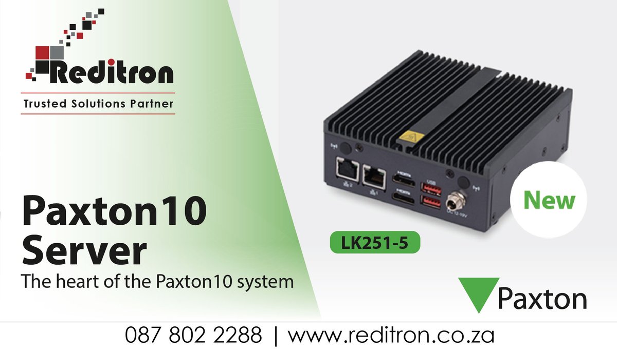 Reditron's tweet photo. The server sits at the heart of the Paxton10 system, providing a simple connection to a customer’s network for remote access.

Paxton is available at your local Reditron, visit us in store to find out more or send a mail to sales@reditron.co.za.

#Reditron #Paxton #Paxton10 https://t.co/uNIKh9VdOH