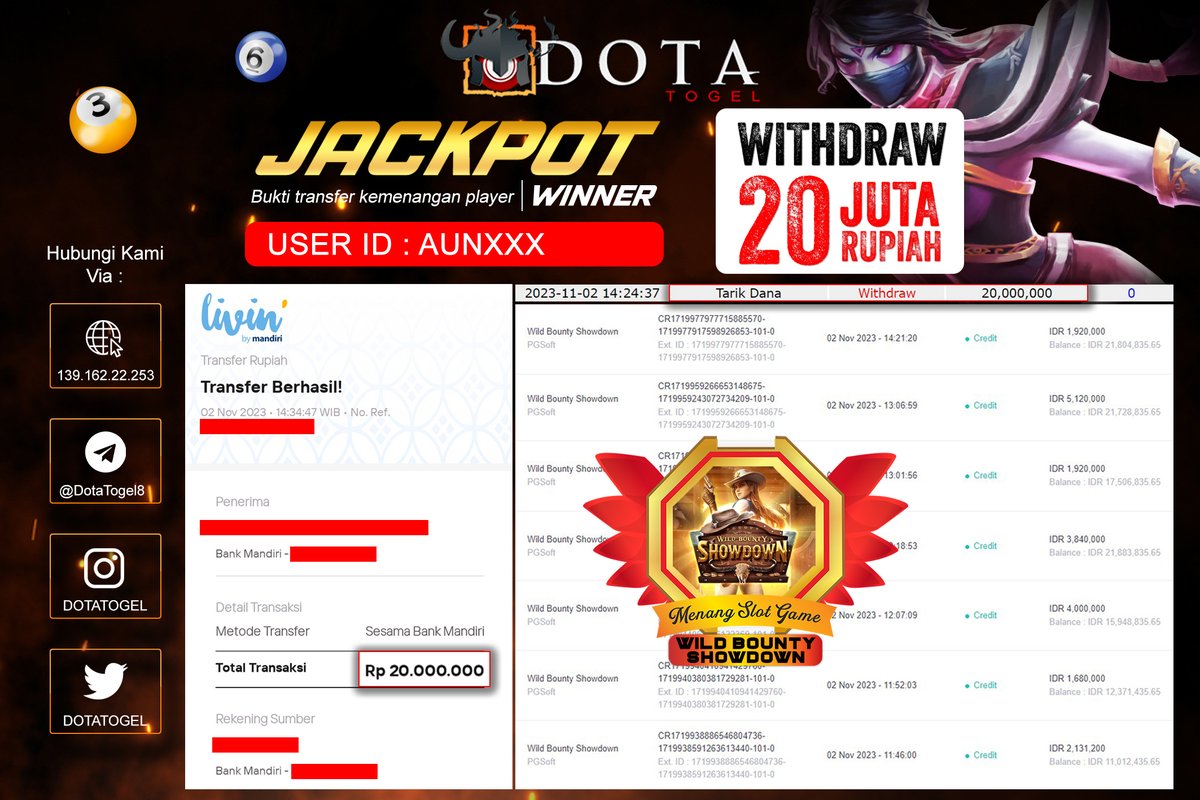 DotaTogel's tweet photo. SELAMAT !

Kami Ucapkan Selamat untuk Pemenang di Permainan WILD BOUNTY SHOWDOWN pada 02 November 2023 sebesar 20 JUTA !!    

Berikut Bukti Nyata Berapapun Kemenangan Pasti kami bayar! Mari Bergabung bersama kami! https://t.co/aSCfo31r2S