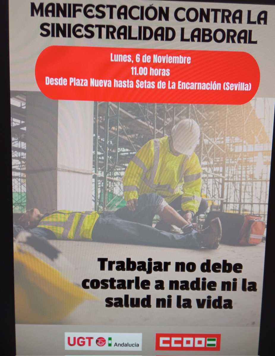 ccooand_FI's tweet photo. 📢CCOO Federación de Industria Andalucia.
MANIFESTACION CONTRA LA SINIESTRALIDAD LABORAL .

🗓️Lunes, 6 Noviembre 2023.
⏰ 11:00horas.
📌Desde Plaza Nueva hasta Setas de la Encarnación .
(Sevilla).

DEFIENDE LA SEGURIDAD‼️ https://t.co/siHFM2LuUK