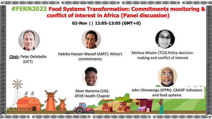 ‼️Day 2 of #FERN2023 Meeting‼️ Meeting starts off at 12:05pm today with a panel discussion on ✅Food System Transformation ✅African Governments Commitments to Monitoring & Conflict of Interest Stay tuned for more updates @ 12:05pm @PDelobelle