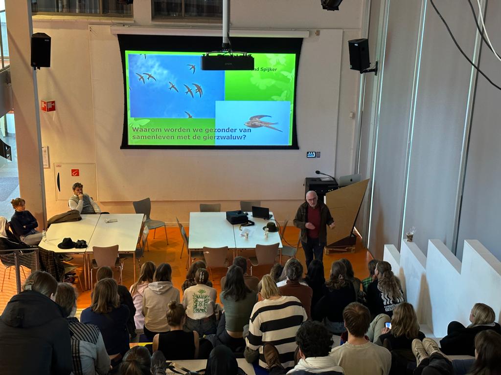 Ik vond het erg leuk om gisteren een lezing te mogen geven voor ca 50 studenten aan de ArtEZ Academie in Zwolle. Het thema was: 'Waarom worden we gezonder door het samenleven met gierzwaluwen'? 
Daarna hebben <a href="/ghoutschild/">Gerrit Houtschild</a> en ik buiten nog een excursie voor deze studenten