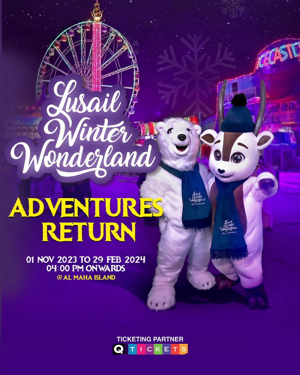 Lusail Winter Wonderland is back! 

Enjoy access to over 40 Rides, delicious food and entertainment for a One-Day Park Pass for QAR250. 

Tickets at q-tickets.com 

#LusailWinterWonderland #UnlimitedRides #QTickets