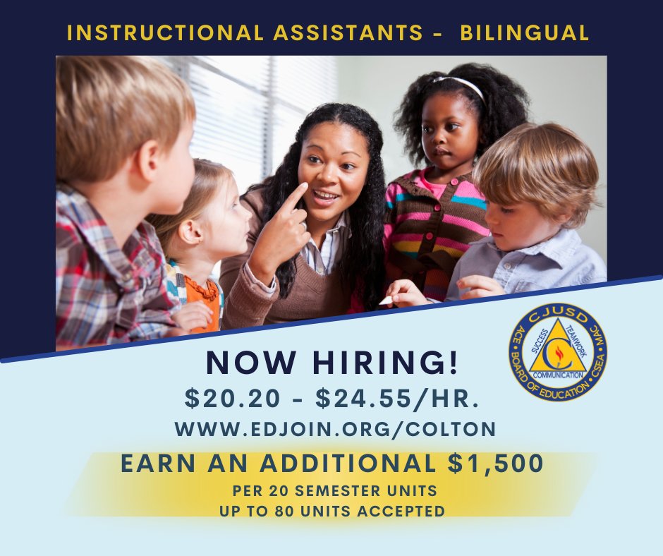 Join our team of passionate Instructional Assistants. Enjoy growth opportunities, get experience working with kids and get paid for Semester Units. Apply now! edjoin.org/colton #EducationMatters #CJUSD #SBVC #RCCD #RCCTigers #UCRiverside #CSUSB #UniversityofRedlands'