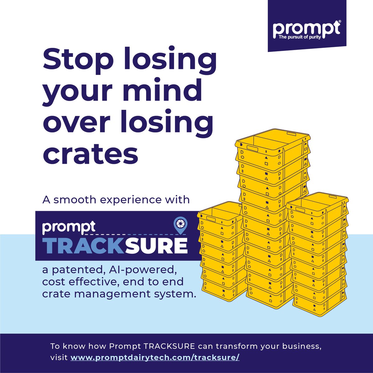 Say goodbye to lost crates and hello to seamless crate management with #Prompt TRACKSURE!

Revolutionize your operations with the world's first AI-powered crate management system.

Visit  promptdairytech.com/tracksure/ to know more.

#innovation #crate #dairy #management #AI #tech