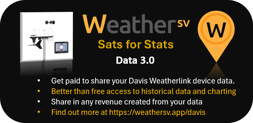The next step in the evolution of WeatherSV utilising #BSV blockchain technology to reimagine how we collect, verify, share and value high quality climate data is now live. 

Davis Weatherlink users can register and share their weather and air quality data to start earning Sats