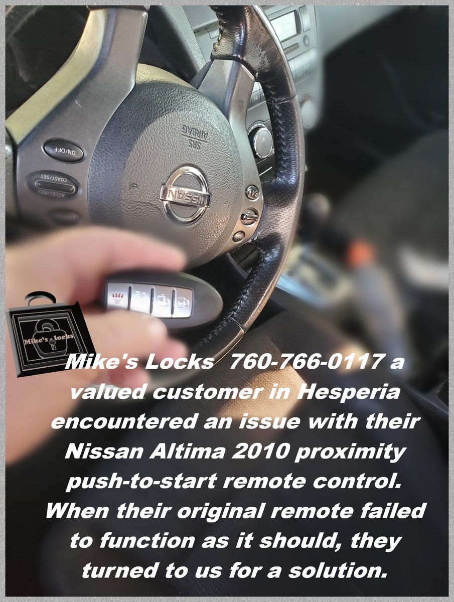 Mike's Locks, reachable at 760-766-0117, delivers top-tier service for all your locksmith needs

#KeyReplacementPros #LocksmithSolutions #RemoteRepair #HesperiaLocksmith #NissanAltimaRemote #ExpertLocksmith #Mike'sLocks #ProximityRemote