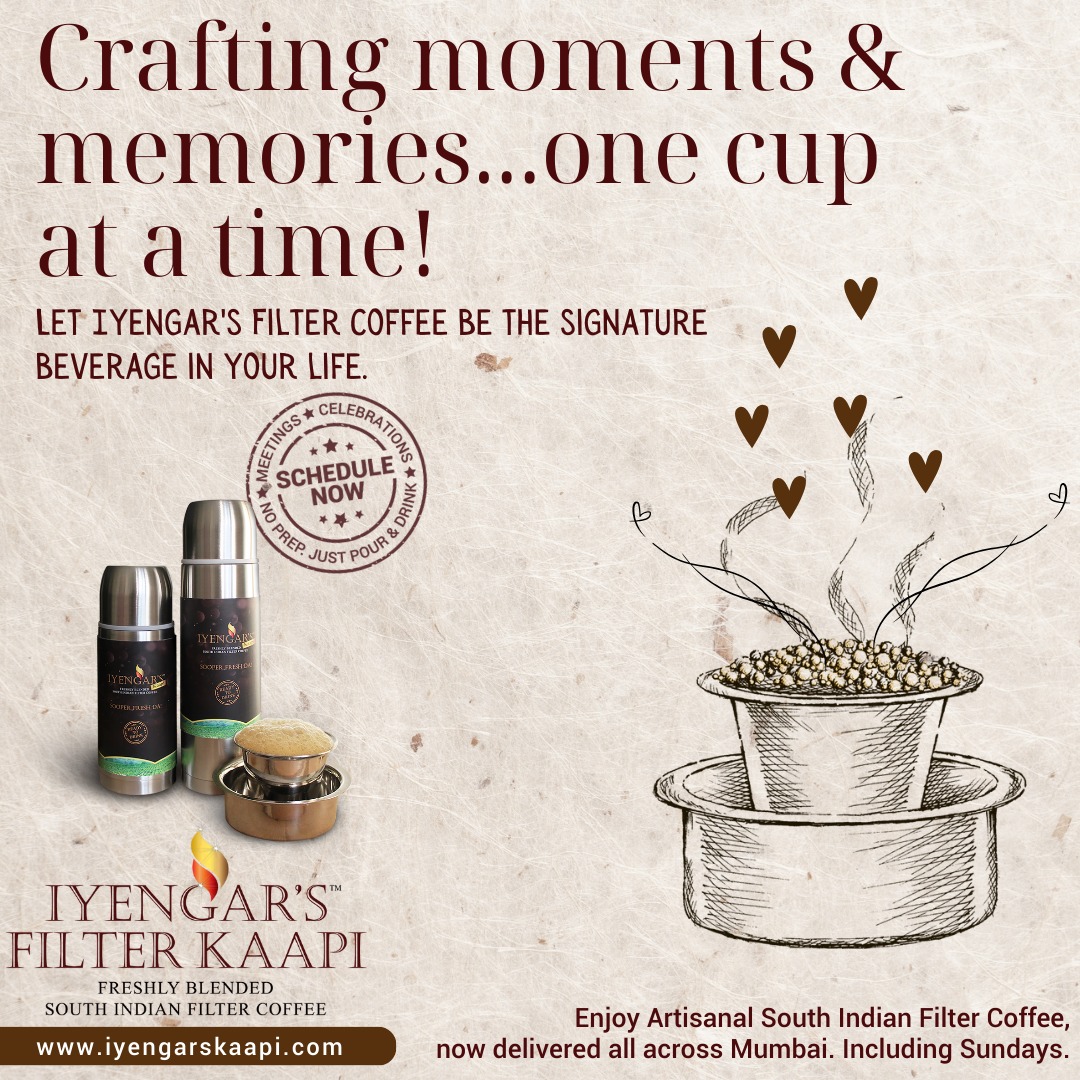 iyengarskaapi's tweet photo. "Sip by sip, we create unforgettable memories. 📷📷 #CoffeeMoments
Available across Mumbai!
.
For more info log onto- https://t.co/AvmzyXYNiy
.
.
.
#iyengarskaapi #filterkaapi #southindianfilterkaapi #mumbai #loveforcoffee #readytodrink #aroma #southindian #southindiankaapi https://t.co/sFWkBhYuRV