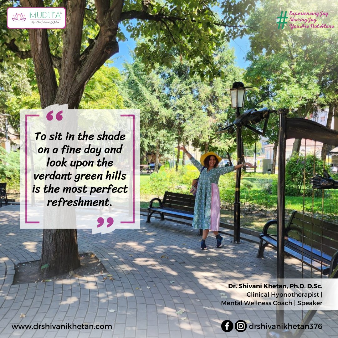 There's something magical about the serenity of nature – a gentle reminder to slow down and appreciate life's simple pleasures. #MindfulMoments

#naturerefreshment #scenicviews #greenhills #shadyspot #outdoorserenity #drshivanikhetan #mudita #experiencingjoy #sharingjoy