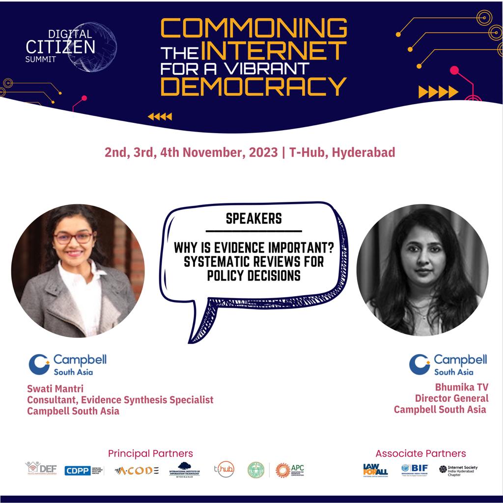 Excited to be a part of #DCS2023 organised by @DEFindia & @cdpp_india! @BhumikaTv & Swati Mantri from CSA will conduct a session on - 'Why is evidence important? Systematic Reviews for Policy Decisions.'
🗓 3 Nov📍@THubHyd Hyderabad
Register ➡ tinyurl.com/bdz4v3ca Details ⬇