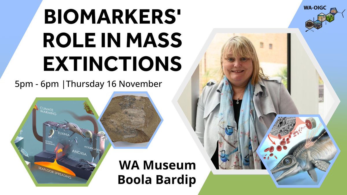 WA Organic & Isotope Geochemistry Centre (@waoigc) on Twitter photo Come along to <a href="/wamuseum/">Western Australian Museum</a> and learn all about driving forces behind the five pivotal mass extinctions from the West Australian Scientist of the Year 2022, Kliti Grice🦕
👉Register to attend Kliti's the talk on the 16 November visit.museum.wa.gov.au/boolabardip/bi… Come along to <a href="/wamuseum/">Western Australian Museum</a> and learn all about driving forces behind the five pivotal mass extinctions from the West Australian Scientist of the Year 2022, Kliti Grice🦕
👉Register to attend Kliti's the talk on the 16 November visit.museum.wa.gov.au/boolabardip/bi…