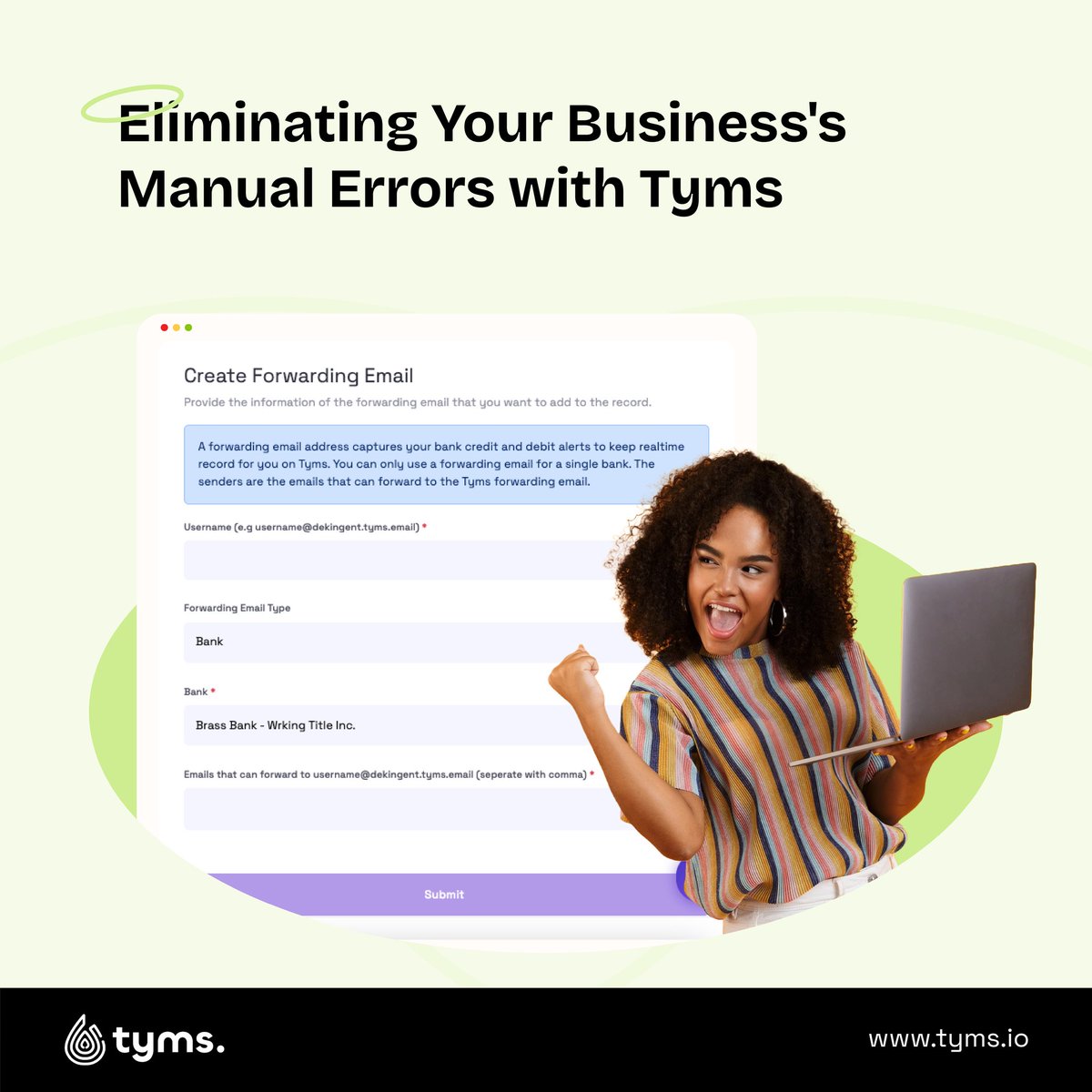 Tired of manual record keeping? Tyms forwarding email syncs with your bank for real-time financial record keeping. It's time for a change! #FinancialAccuracy #Tyms