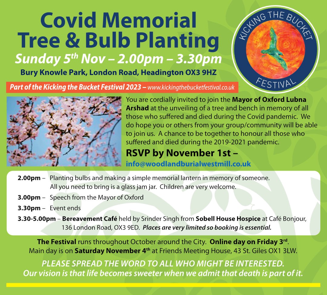 Where are the memorials for those who died during the Pandemic? This Sunday is our Memorial tree and bulb planting. 

<a href="/OxfordCity/">Oxford City Council</a> and the Festival are supporting the planting of a tree along with a bench and plaque in Bury Knowle Park. Come to plant a bulb and make a lantern🕯️