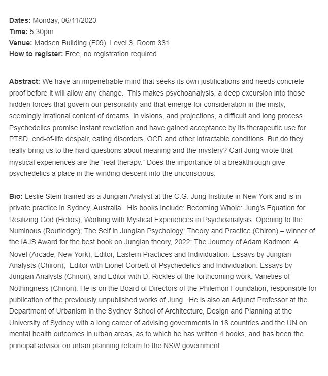 TheIncommensur1's tweet photo. The next speaker in the HPS seminar speaker is Leslie Stein.

Title: 
Hungry for a Breakthrough: The Effect of Psychedelics and Mystical Experiences on Psychoanalysis

When: 06/11/23 5:30pm
Where: Madsen Building (F09), Level 3, Room 331

Free, no registration required https://t.co/UGf2DNPJa2