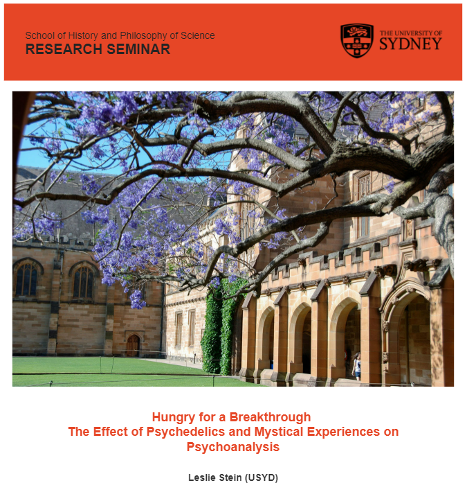 TheIncommensur1's tweet photo. The next speaker in the HPS seminar speaker is Leslie Stein.

Title: 
Hungry for a Breakthrough: The Effect of Psychedelics and Mystical Experiences on Psychoanalysis

When: 06/11/23 5:30pm
Where: Madsen Building (F09), Level 3, Room 331

Free, no registration required https://t.co/UGf2DNPJa2