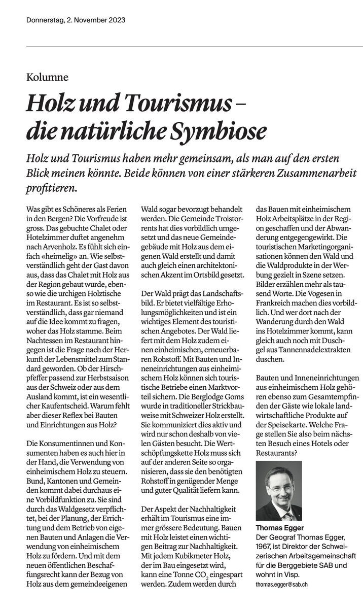 Die Frage nach der Herkunft des Holzes müsste so selbstverständlich sein wie die Frage nach der Herkunft der Lebensmittel auf der Speisekarte. Die Kolumne zur Symbiose von #Holz und #Tourismus im Walliser Boten.