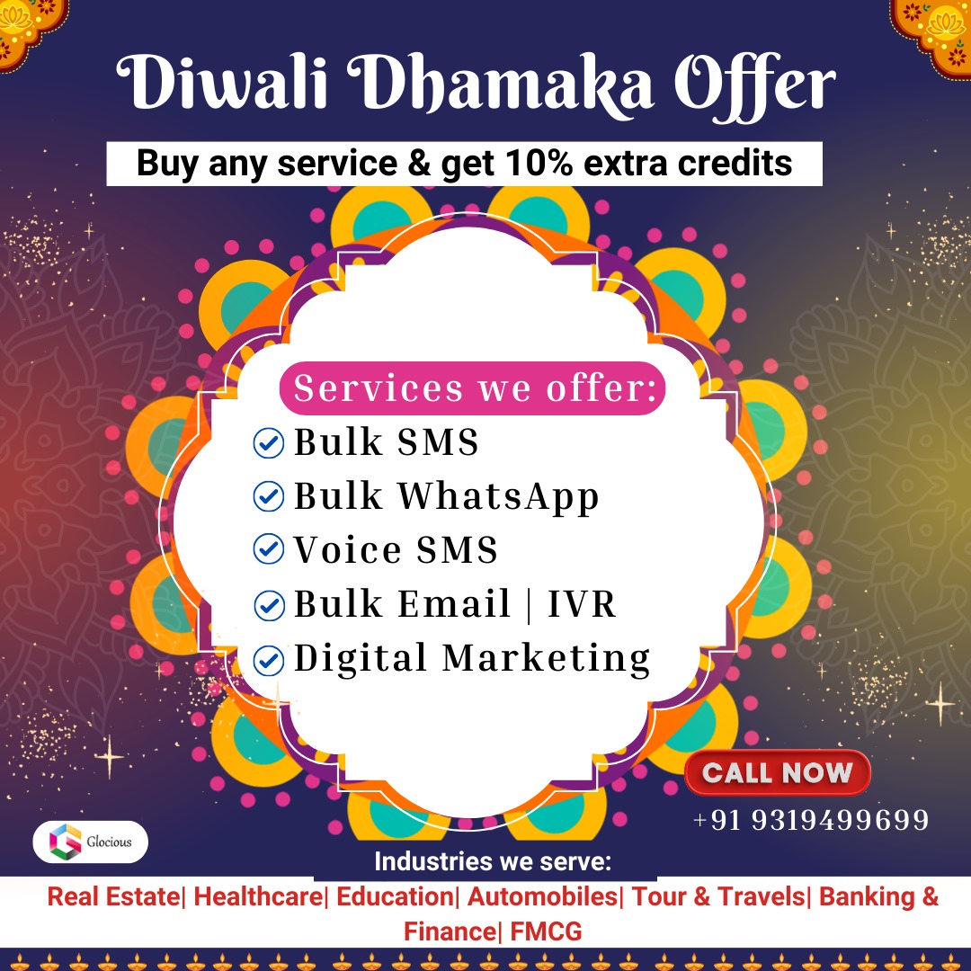 Glocious12's tweet photo. This Diwali, let your messages sparkle! 💫
Grab 10% extra credits on all bulk SMS packages and brighten up your communication strategy. 📩🪔
#DiwaliOffer #diwalispecialoffer #bulksmsservices #bulksmsserviceprovider #digitalmarketing #DiwaliDhamakaOffer #glociousinfotech https://t.co/0gAlreAVRy