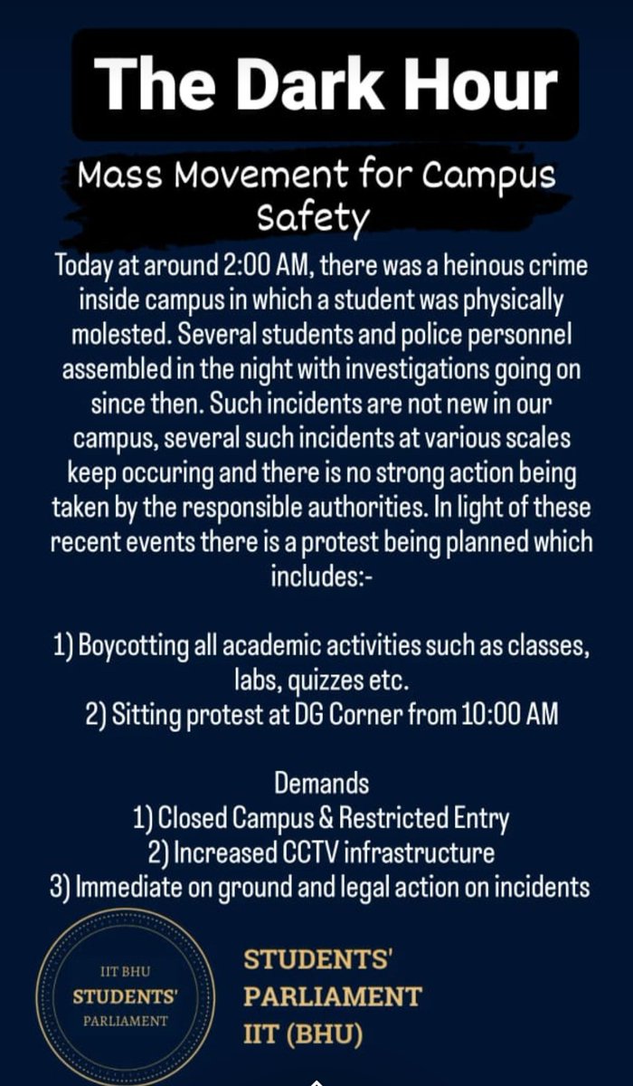 AxxxeBommmber's tweet photo. Students of IIT BHU want closed campus so that incidents like these never occur again. Join us in our protest. Please like, share and retweet. #closedcampus #iit #bhu https://t.co/I13PxsaR7V