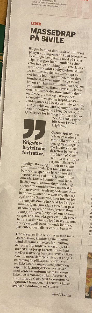 AudunBraten's tweet photo. «Det vi ser, er ikke selvforsvar, men massedrap»

- Mari Skurdal i dagens lederartikkel i @Klassekampen om Israels bombing av sivile på Gazastripen. #GazaGenocide https://t.co/b2i5KOj4u5