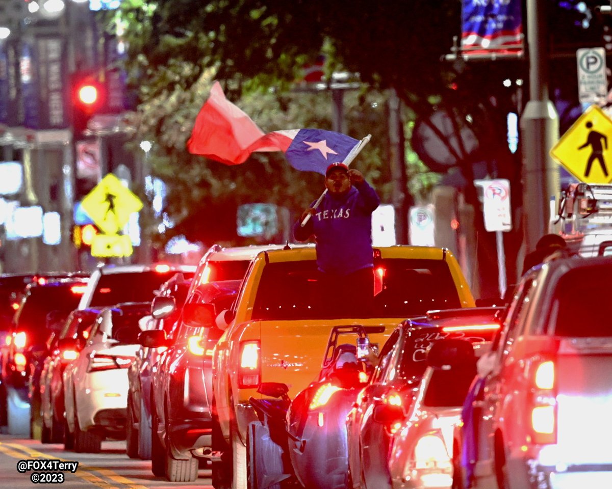 FOX4Terry's tweet photo. #TexasRangers fans celebrate the #WorldSeries2023 win along Main St in Downtown #Dallas. Highlights @GoodDayFox4 @FOX4 https://t.co/zsTSYuPplN