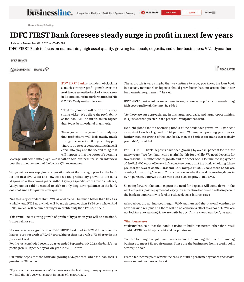 Mr V Vaidyanathan, MD amp CEO, IDFCFIRSTBank, in conversation with businessline, says, Next few years we will be on a very very strong wicket. We believe the profitability of the bank will be much, much higher than today by an order of magnitude Mr V Vaidyanathan, MD amp CEO, IDFCFIRSTBank, in conversation with businessline, says, Next few years we will be on a v...
