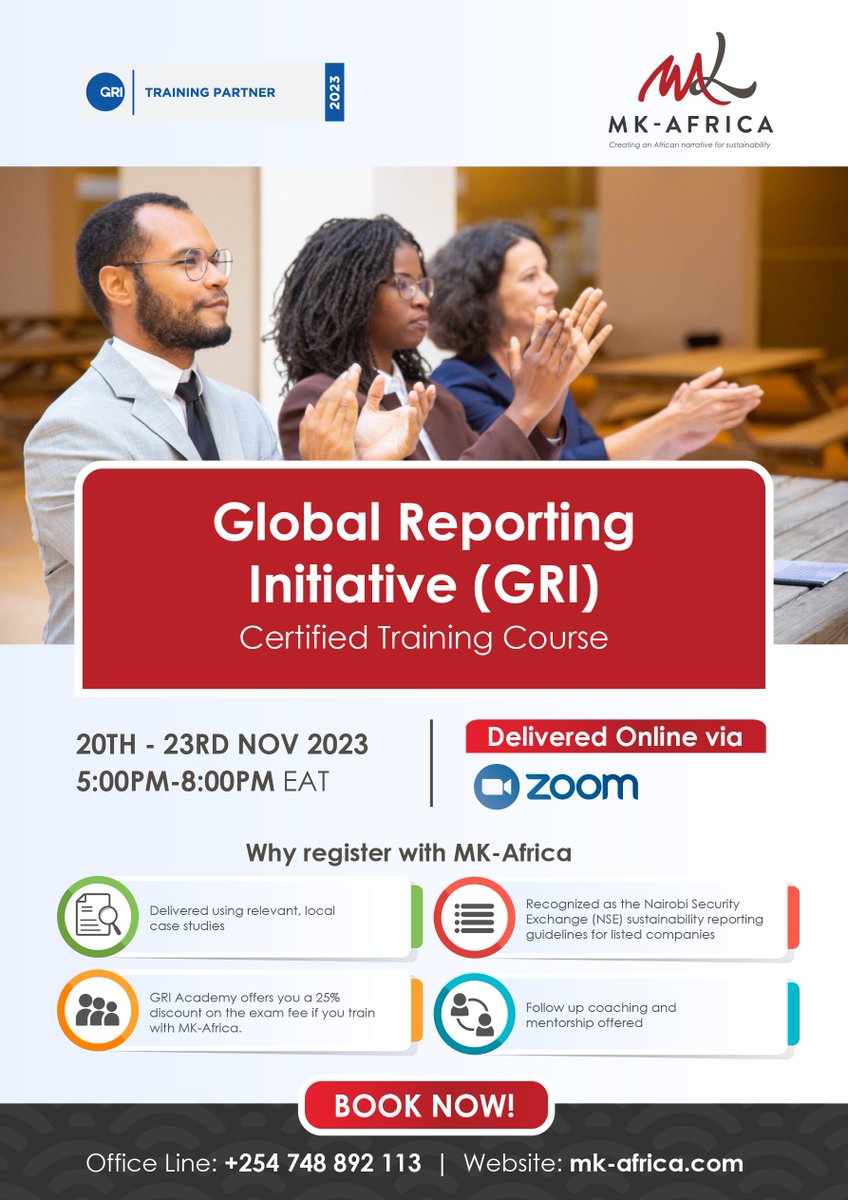 MKAfrica3's tweet photo. Elevate your sustainability reporting with our GRI Training Course! Learn to navigate the Global Reporting Initiative framework and create impactful, transparent reports that resonate with stakeholders. Register via https://t.co/fF1O8UIoCA
#GRITraining #SustainabilityReporting https://t.co/cik2nKwxGO