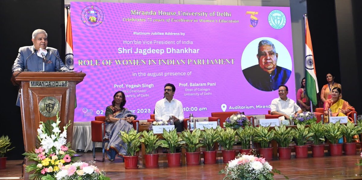 Vice-President of India (@vpindia) on Twitter photo Hon’ble Vice-President, Shri Jagdeep Dhankhar, delivered the Platinum Jubilee Address at Miranda House, University of Delhi on 'Role of Women in Indian Parliament', in New Delhi today. <a href="/du_mirandahouse/">MirandaHouseOfficial</a> <a href="/UnivofDelhi/">University of Delhi</a> Hon’ble Vice-President, Shri Jagdeep Dhankhar, delivered the Platinum Jubilee Address at Miranda House, University of Delhi on 'Role of Women in Indian Parliament', in New Delhi today. <a href="/du_mirandahouse/">MirandaHouseOfficial</a> <a href="/UnivofDelhi/">University of Delhi</a>