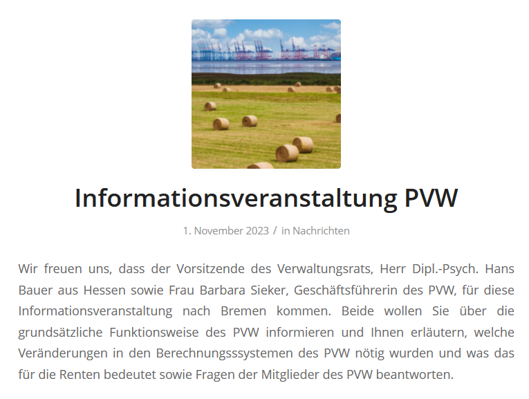 PK_Bremen_'s tweet photo. Das Psychotherapeutenversorgungswerk (PVW).
Informationsveranstaltung für Bremen:
- Wie funktioniert das PVW?
- Was beutet das veränderte Berechnungssystem für meine Rente? https://t.co/O2FHxwVvWQ
