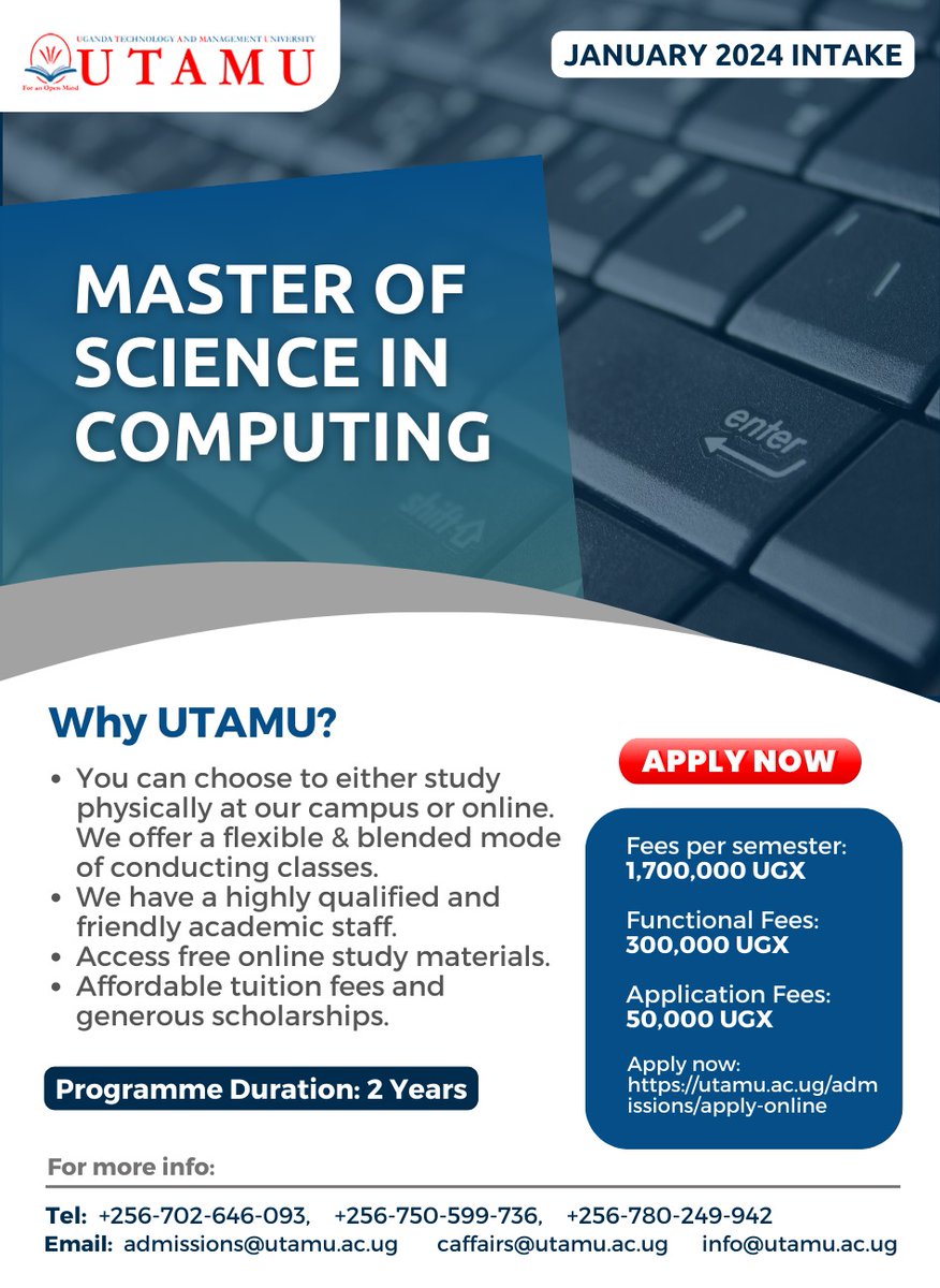 utamusce's tweet photo. Elevate your career! Become a top expert by learning from the best

Enroll for our Masters of Science in Computing.

All our programmes are fully accredited by the NCHE Click on the following link for confirmation: https://t.co/vHt1C7zzYf…

@utamu_uni @baryamureeba https://t.co/pYB0a2OF6Q