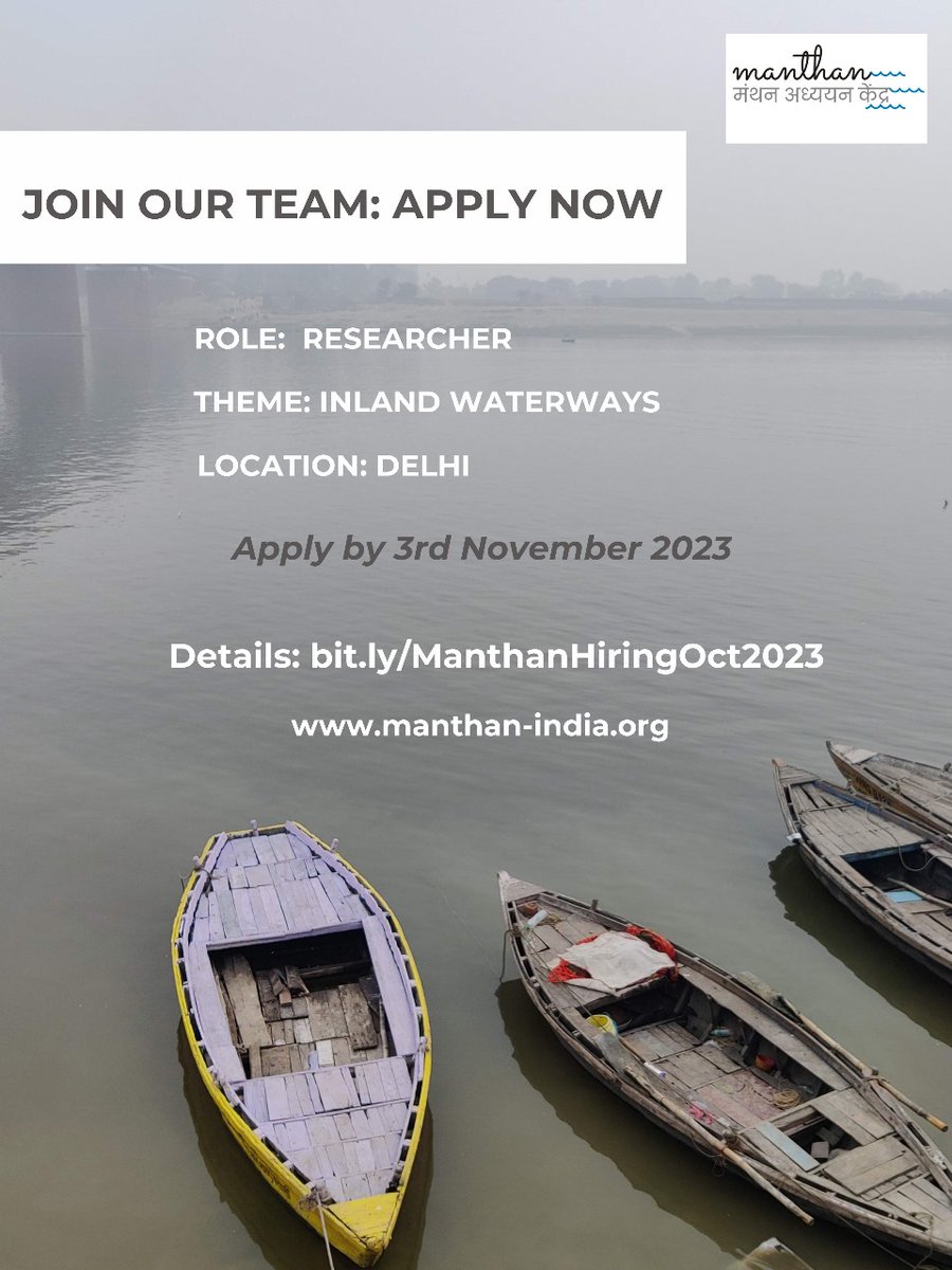 avli_verma's tweet photo. If interested, Send your applications by tomorrow -03.11.2023!
Manthan is looking for a researcher to join our work on rivers in India with a focus on navigation and transport of goods and passengers. 
Details: https://t.co/eTXoiKrkIQ https://t.co/etemz9IX3p