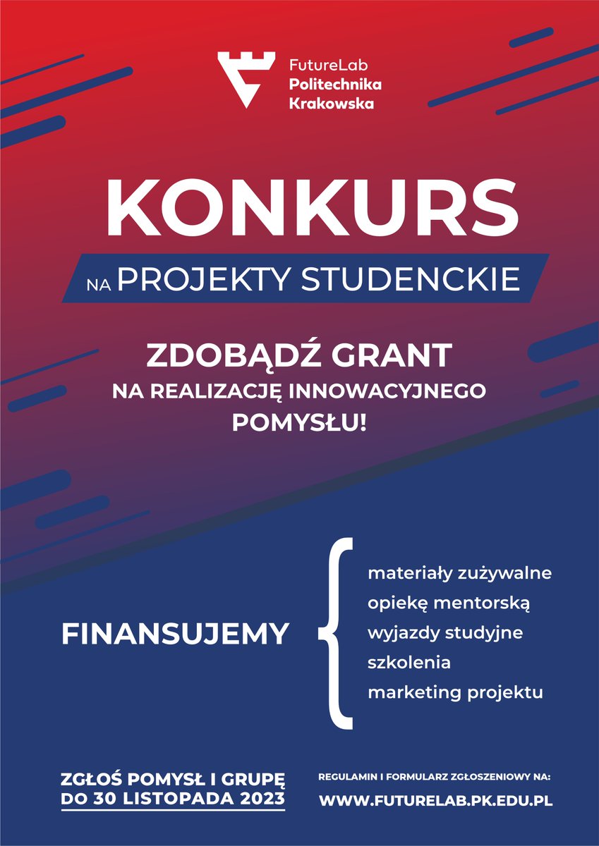 Biblioteka_PK's tweet image. 📢Uwaga Studenci #PolitechnikaKrakowska! 
5⃣ edycja konkursu #FutureLab_PK!
🗓️ termin nasyłania zgłoszeń 👉 30.11.2023!
Regulamin oraz formularz zgłoszeniowy dostępne na stronie 👉futurelab.pk.edu.pl
#ScientificProject #StudentSuccess #Innovation #Competition #Training