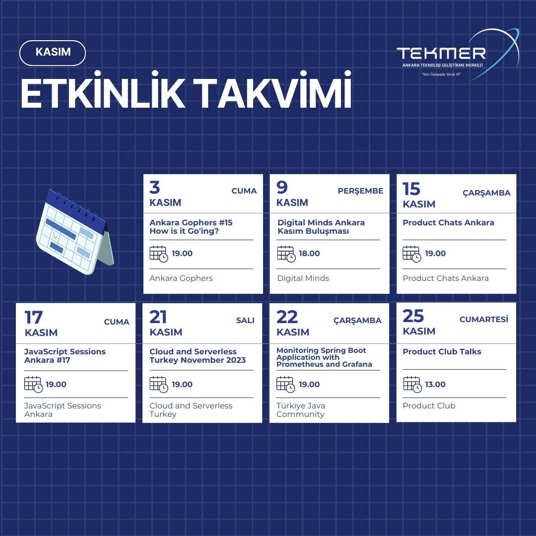 🚀 Şehir merkezinde, #girişim ve #teknolojiekosistemi ile iç içe bir ortamda topluluklarınıza en iyi etkinlik deneyimini sunmaya devam ediyoruz. Kasım ayında Ankara TEKMER'de hangi etkinlikler olduğuna gelin birlikte bakalım! #tekmerdeyiz #ankaratekmer